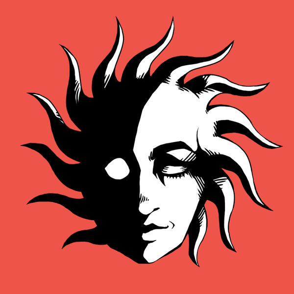 Logo autorki komiksowej - Miry Morawskiej, znanej również jako Sonne. Na środku czerwonego tła znajduje się czarno-biała, narysowana ludzka twarz, inspirowana motywem słońca - dookoła wyrasta z niej 13 promieni.